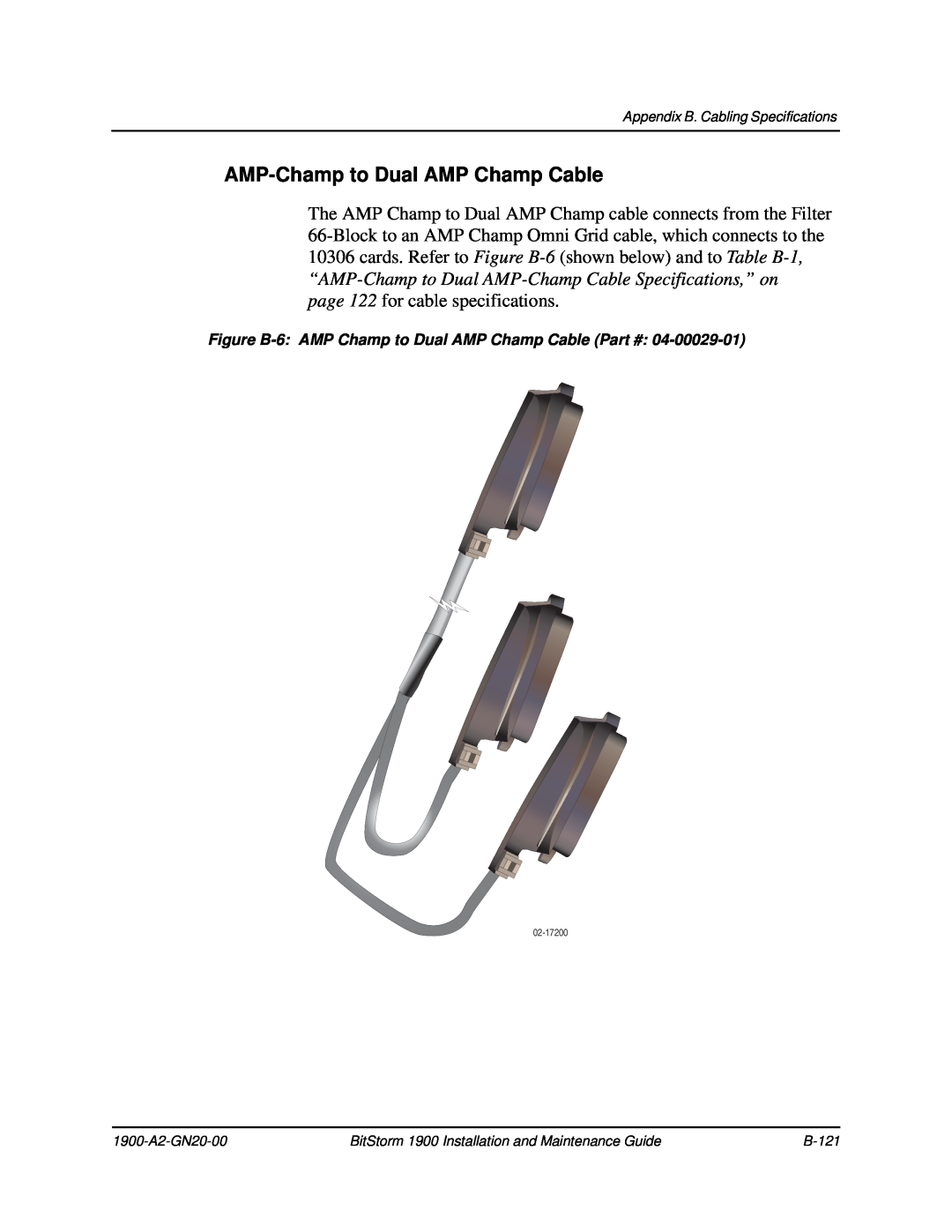 Paradyne 1900 manual AMP-Champ to Dual AMP Champ Cable, Figure B-6 AMP Champ to Dual AMP Champ Cable 