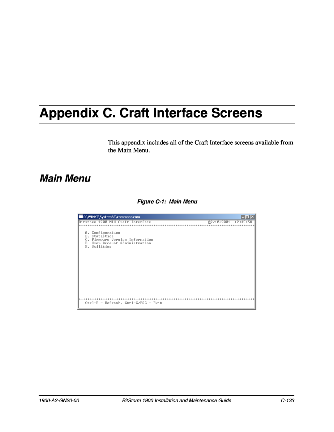 Paradyne manual Appendix C. Craft Interface Screens, Figure C-1 Main Menu, 1900-A2-GN20-00, C-133 