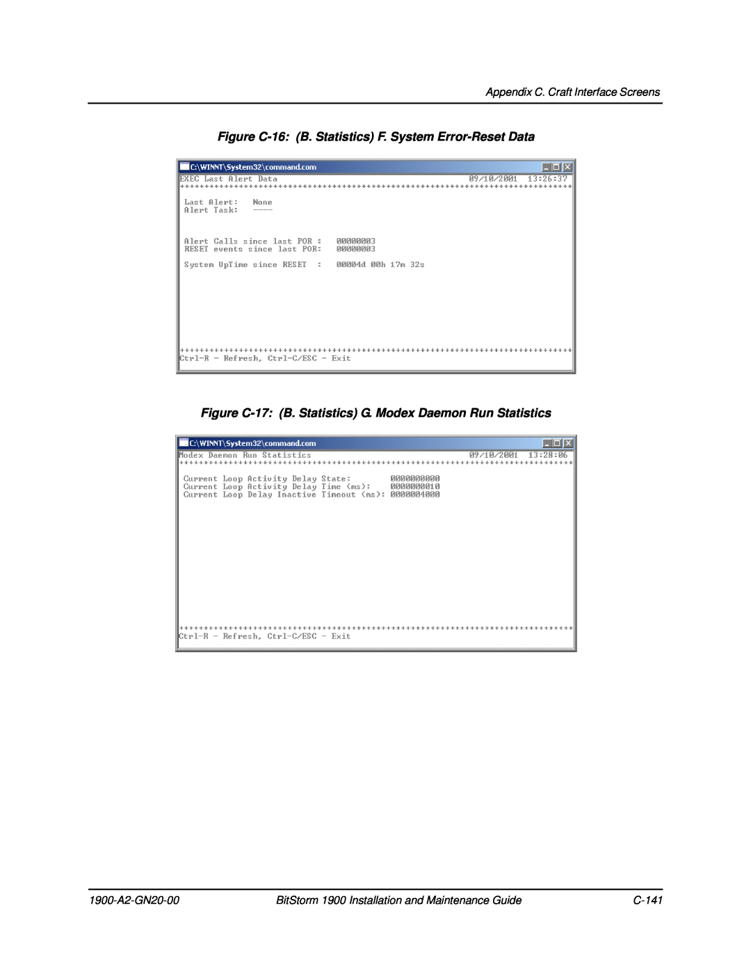 Paradyne Figure C-16 B. Statistics F. System Error-Reset Data, Appendix C. Craft Interface Screens, 1900-A2-GN20-00 