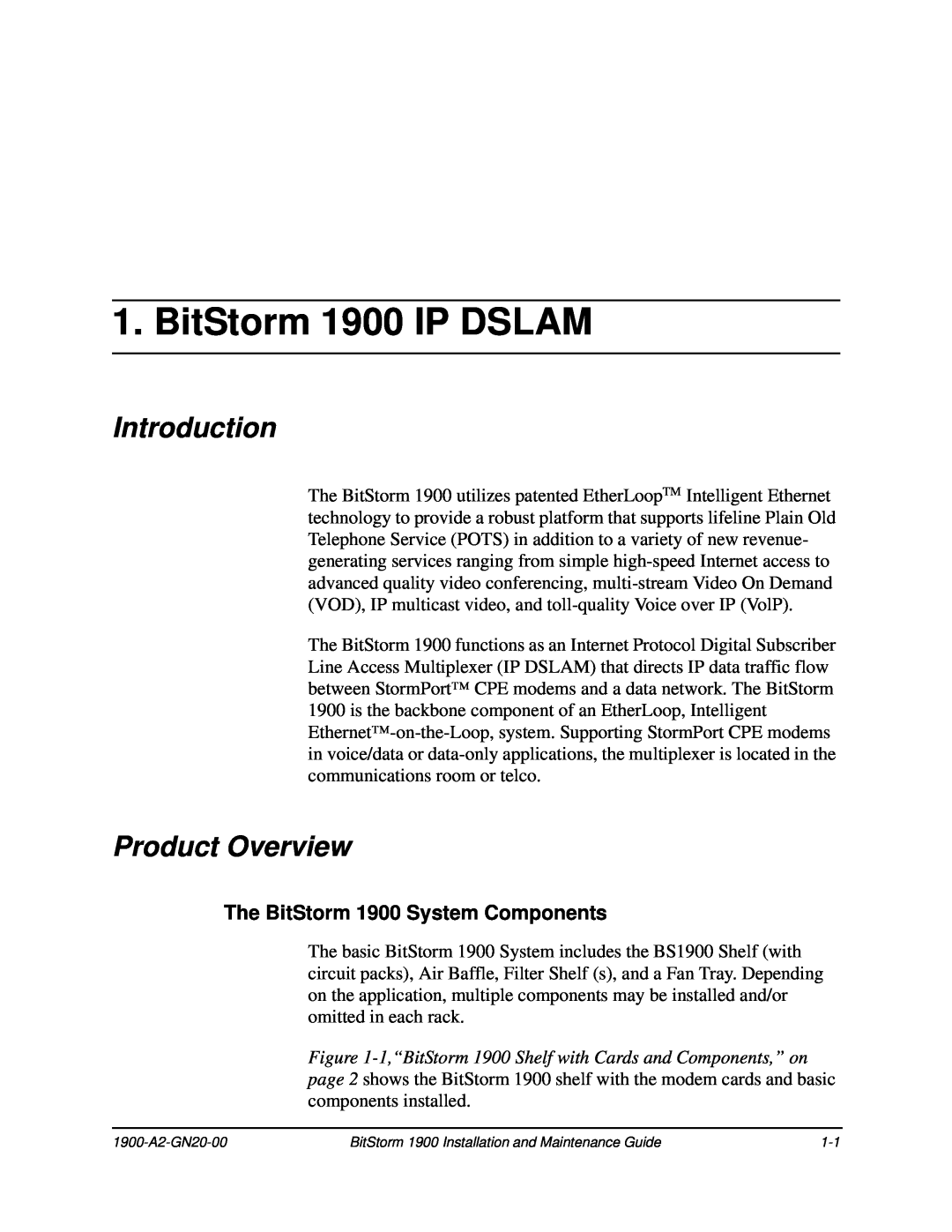 Paradyne manual BitStorm 1900 IP DSLAM, Introduction, Product Overview, The BitStorm 1900 System Components 