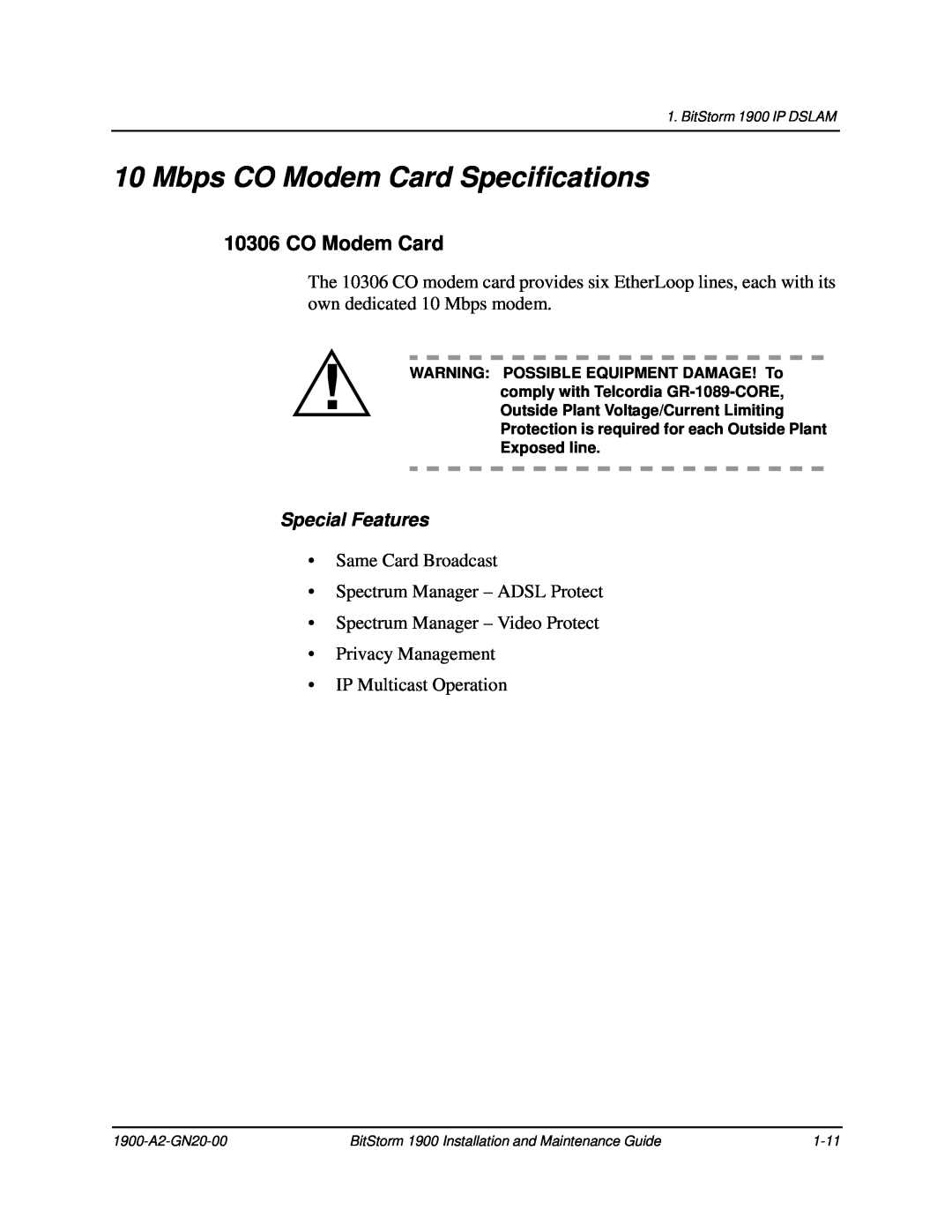 Paradyne 1900 manual Mbps CO Modem Card Specifications, Special Features 