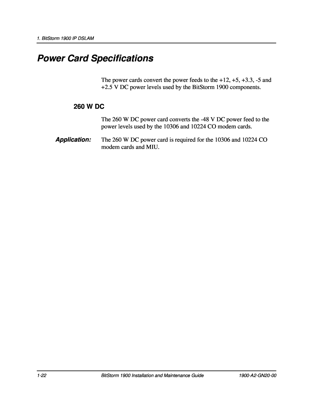 Paradyne 1900 manual Power Card Specifications, W Dc 