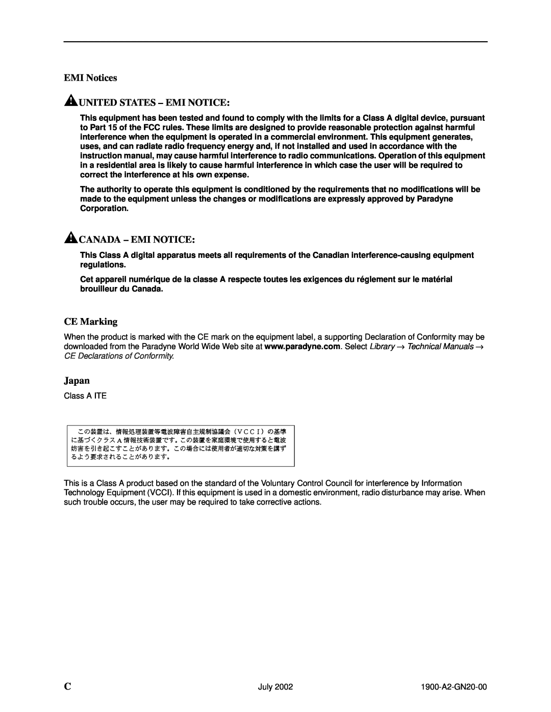 Paradyne 1900 manual EMI Notices UNITED STATES - EMI NOTICE, Canada - Emi Notice, CE Marking, Japan 