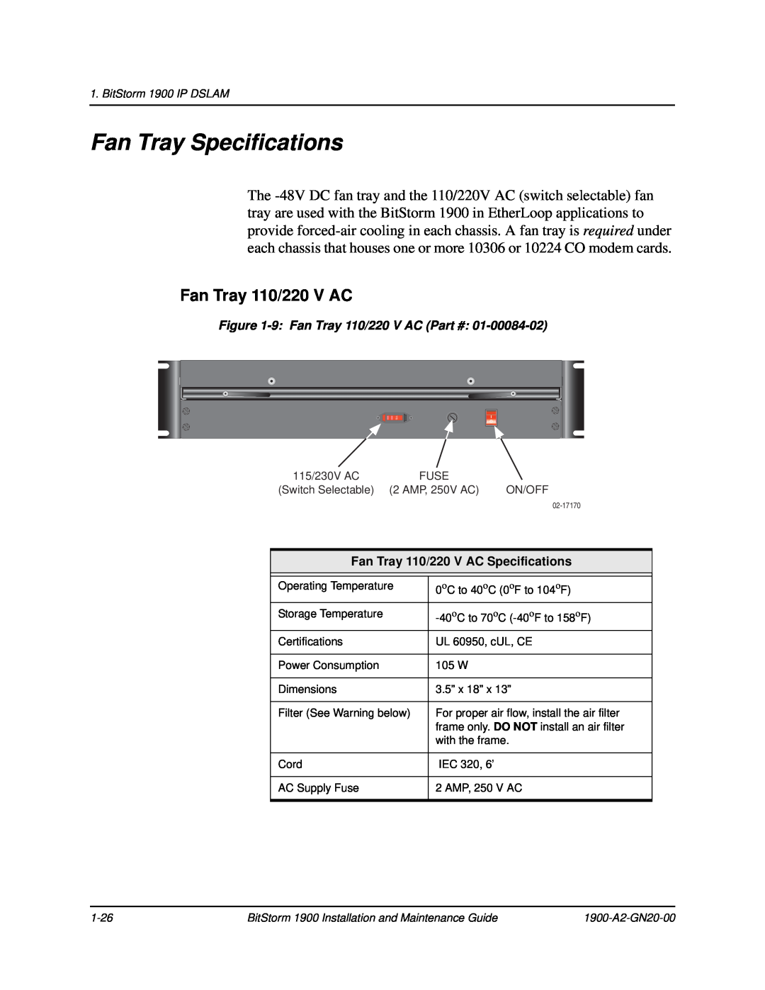 Paradyne 1900 manual Fan Tray Specifications, Fan Tray 110/220 V AC 