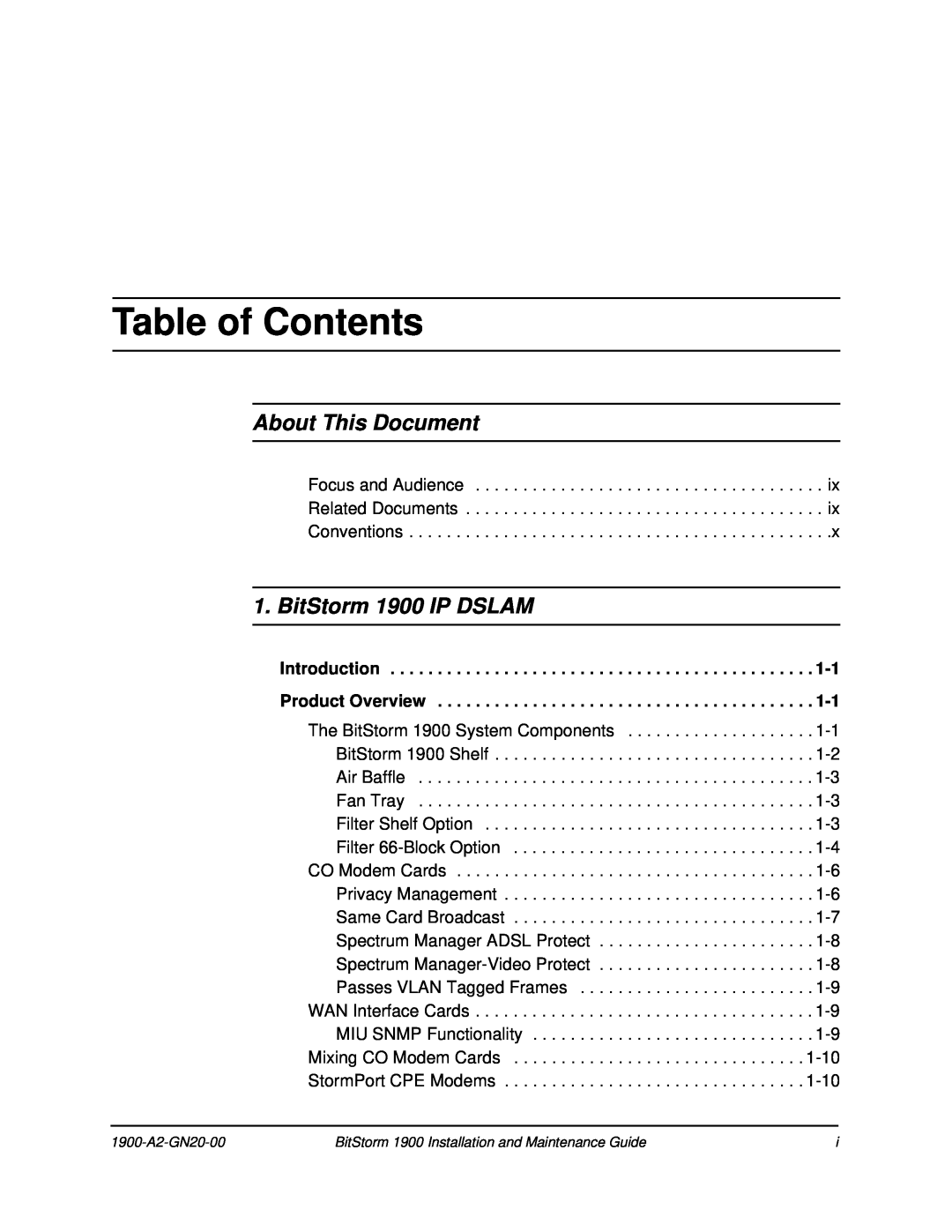 Paradyne manual Table of Contents, About This Document, BitStorm 1900 IP DSLAM 