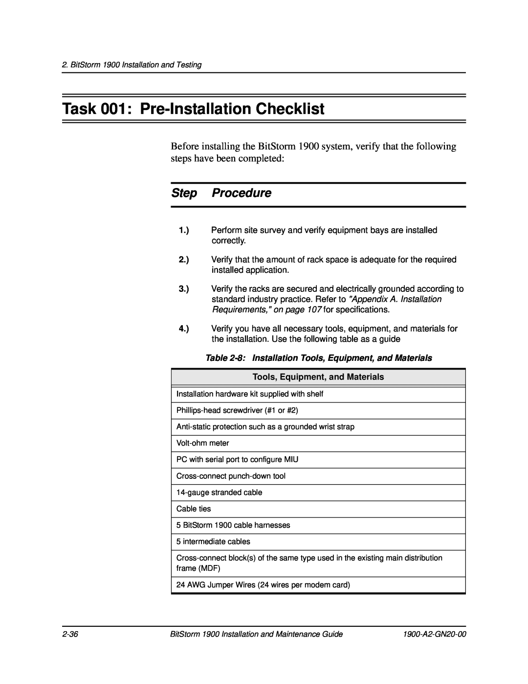Paradyne 1900 manual Task 001 Pre-Installation Checklist, Step Procedure, 8 Installation Tools, Equipment, and Materials 