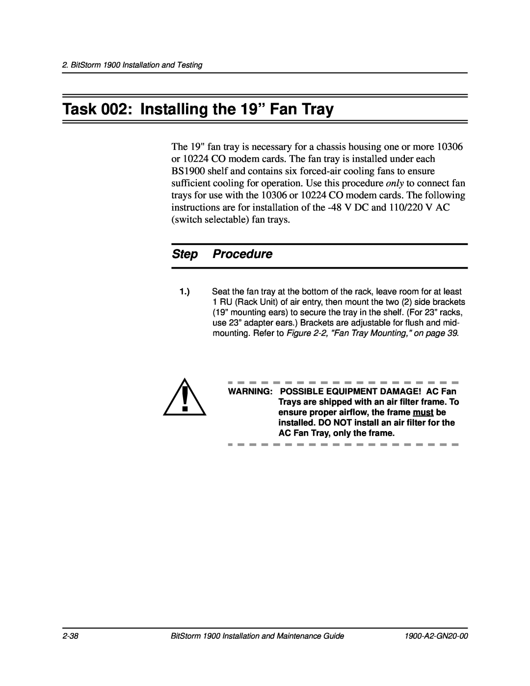 Paradyne 1900 manual Task 002 Installing the 19” Fan Tray, Step Procedure 