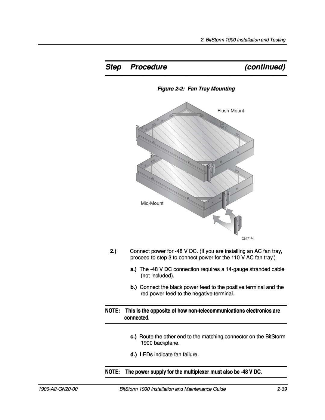 Paradyne 1900 manual Step Procedure, continued, NOTE The power supply for the multiplexer must also be -48 V DC 