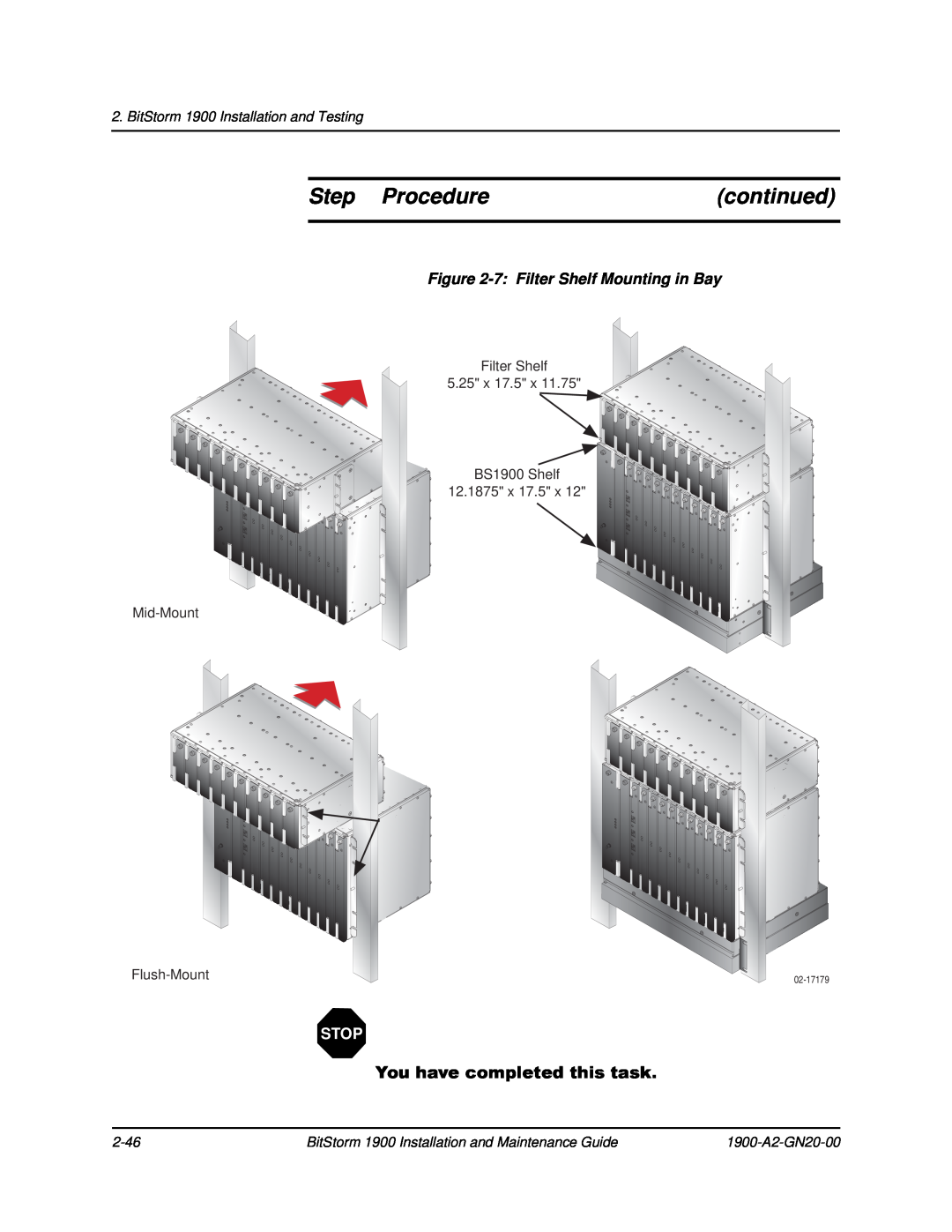 Paradyne 1900 manual Step Procedure, continued, Rxkdyhfrpsohwhgwklvwdvn, 7 Filter Shelf Mounting in Bay, Stop, 2-46 