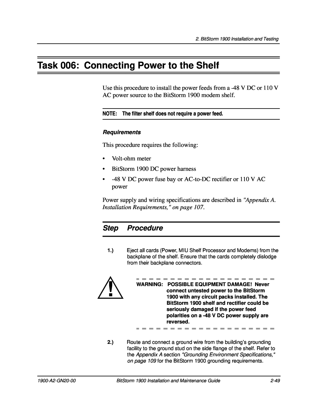 Paradyne 1900 manual Task 006 Connecting Power to the Shelf, Installation Requirements, on page, Step Procedure 
