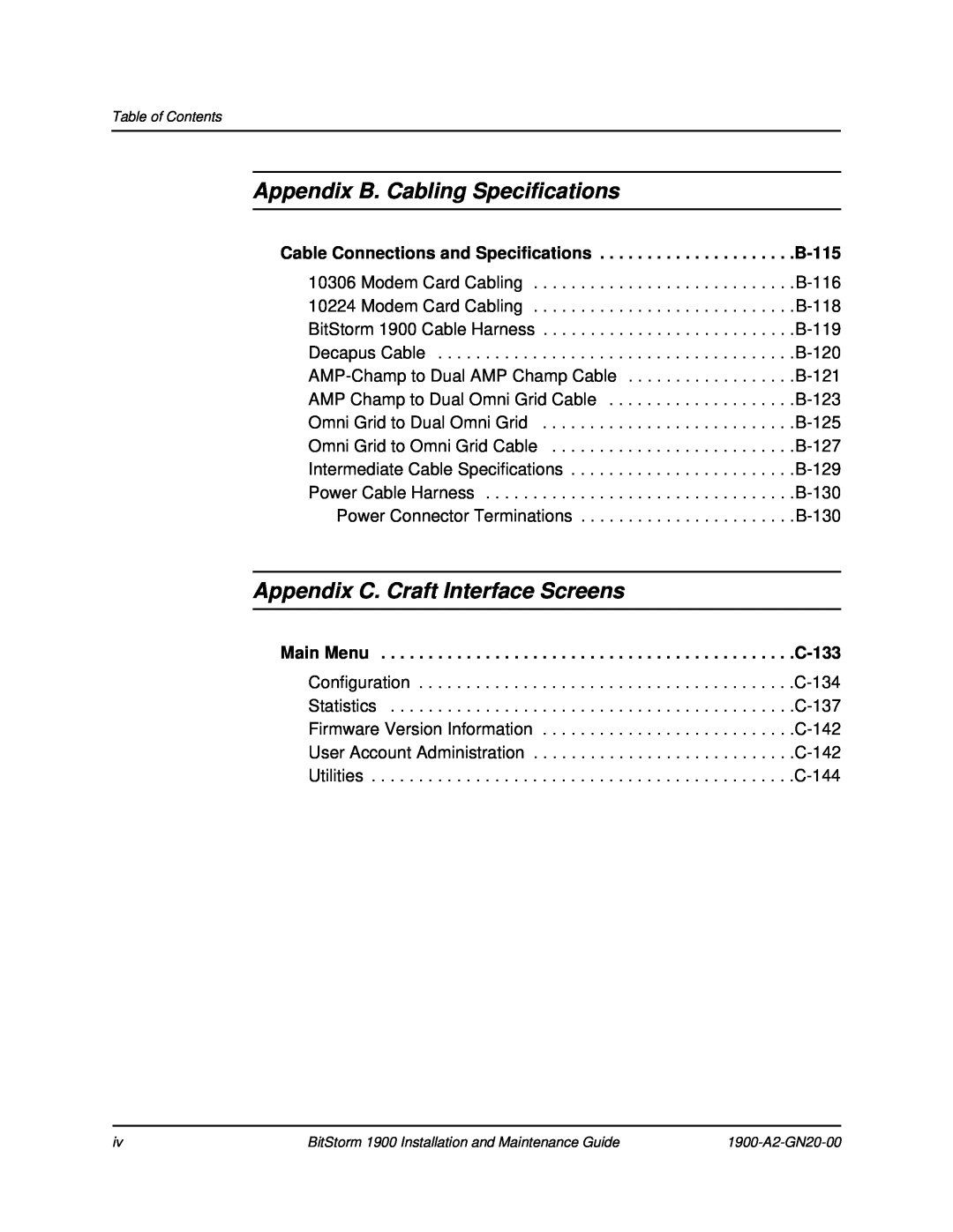 Paradyne 1900 manual Appendix B. Cabling Specifications, Appendix C. Craft Interface Screens 