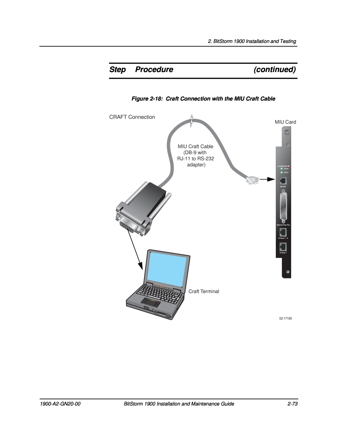 Paradyne 1900 Step Procedure, continued, 18 Craft Connection with the MIU Craft Cable, CRAFT Connection, MIU Card, 2-73 