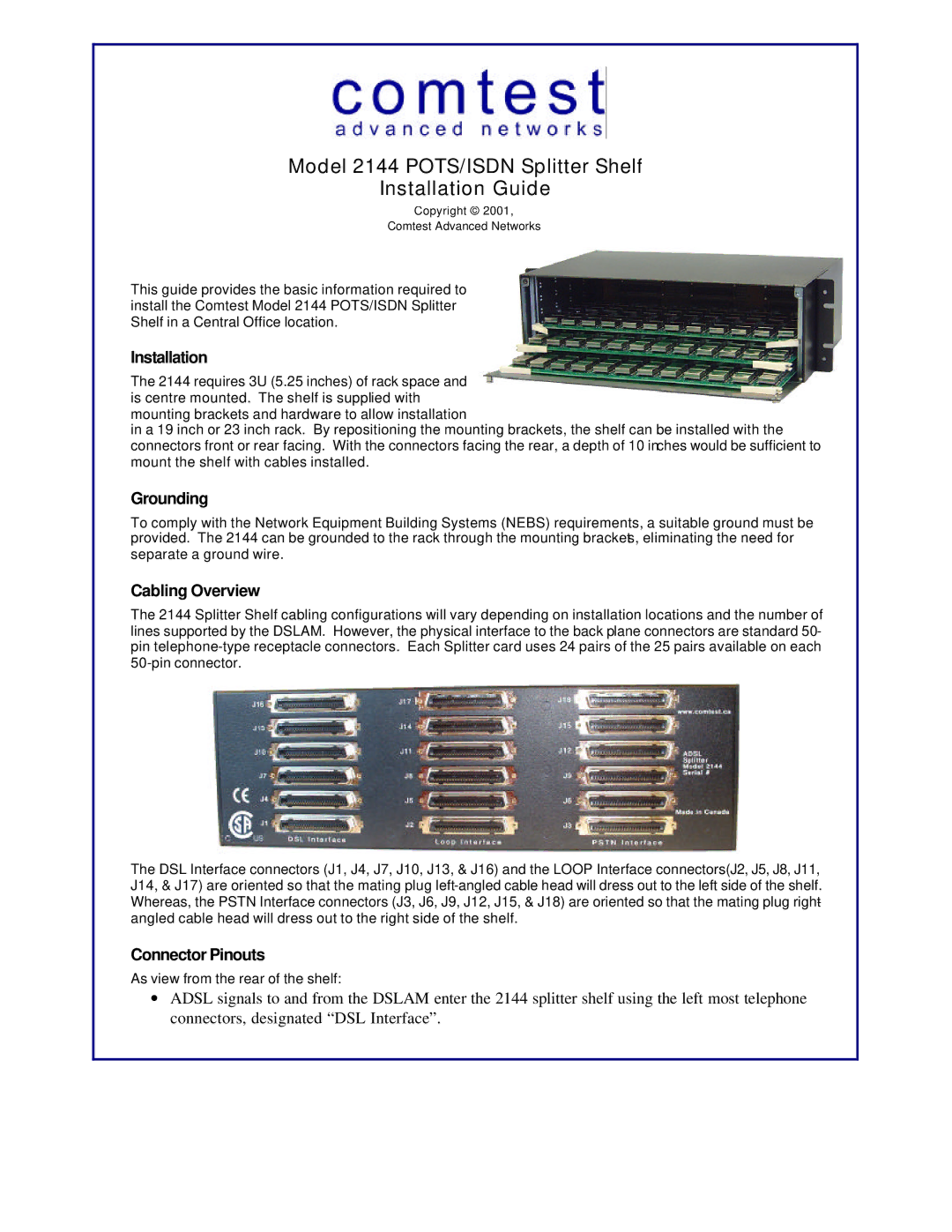 Paradyne manual Model 2144 POTS/ISDN Splitter Shelf Installation Guide, Grounding, Cabling Overview, Connector Pinouts 