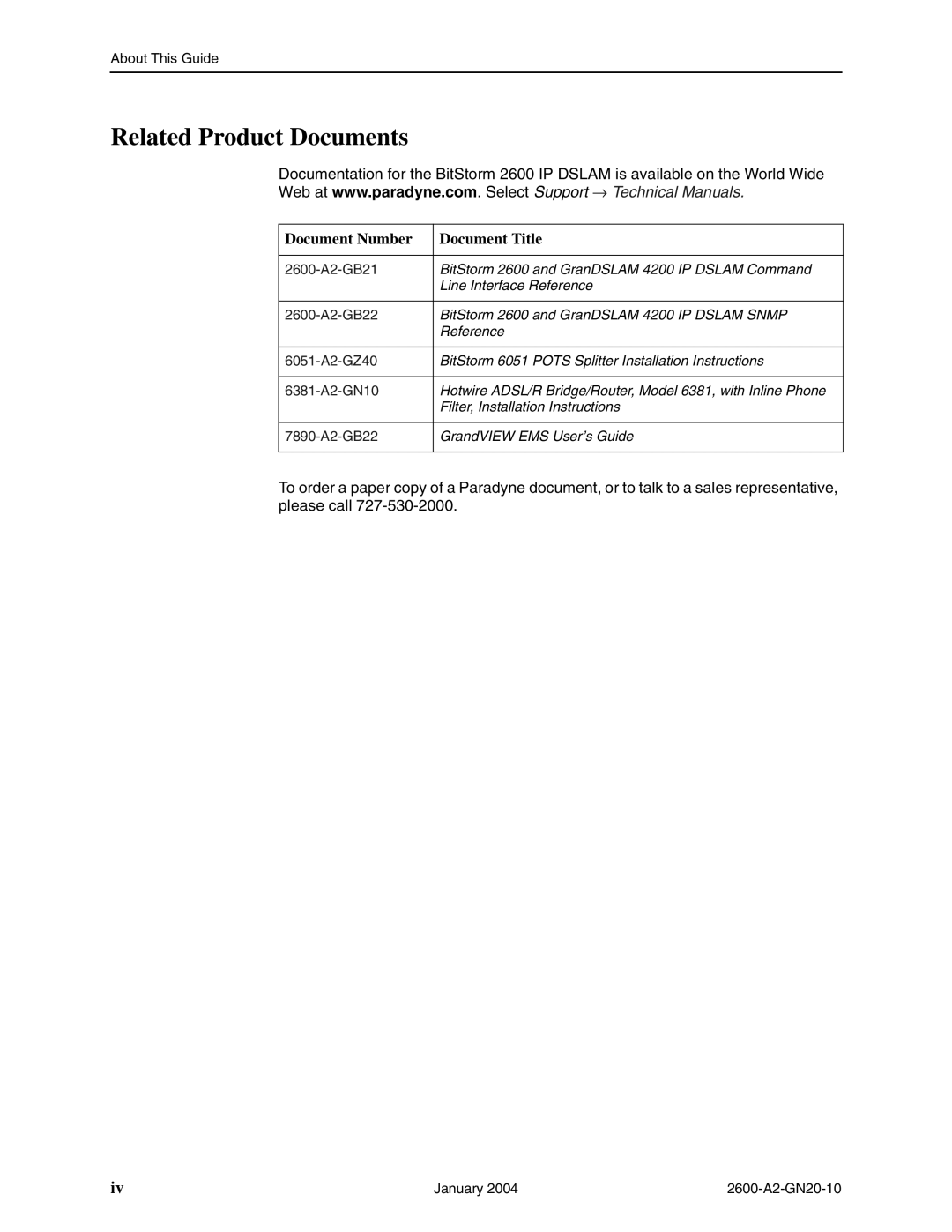 Paradyne 2600 IP DSLAM manual Related Product Documents, Document Number Document Title 