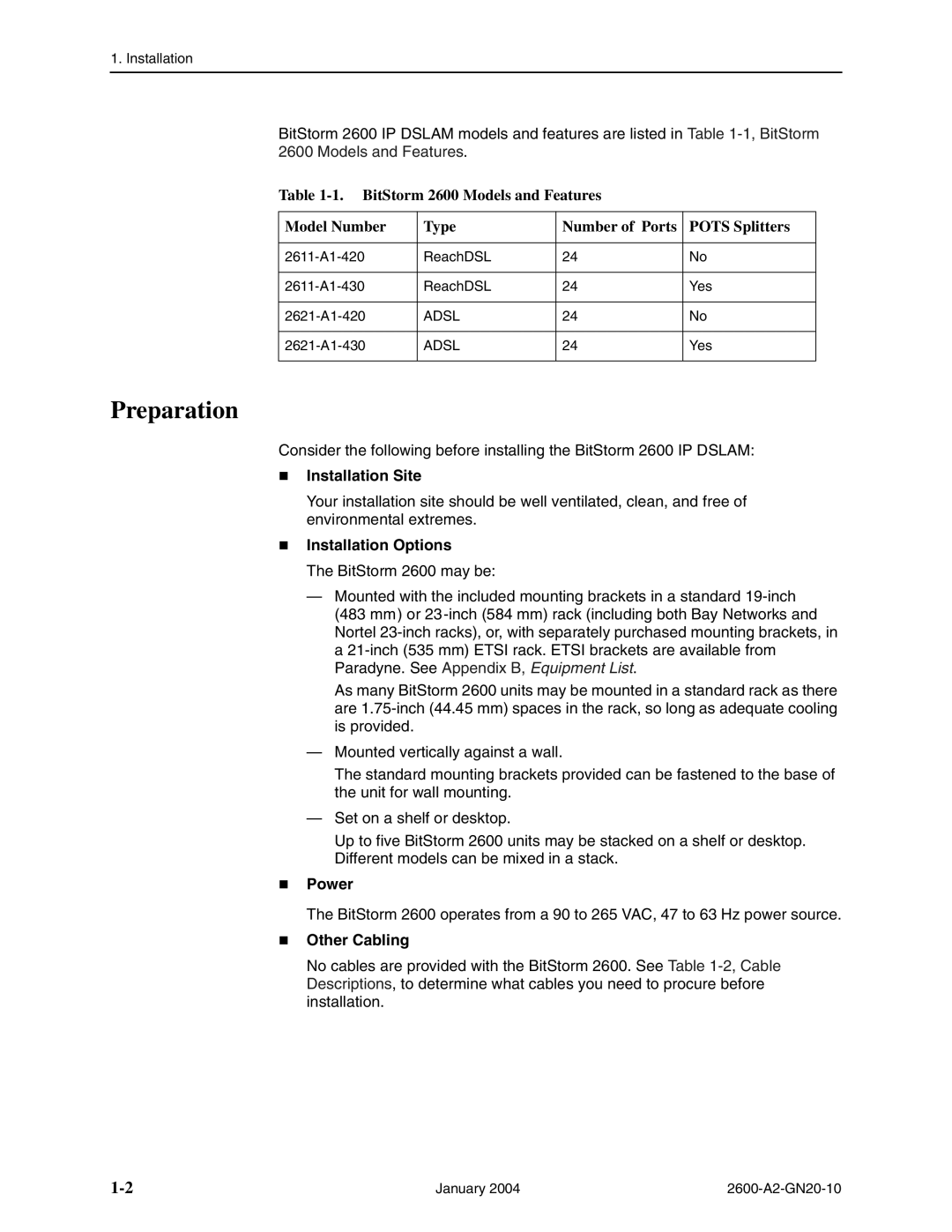 Paradyne 2600 IP DSLAM manual Preparation, Installation Site 