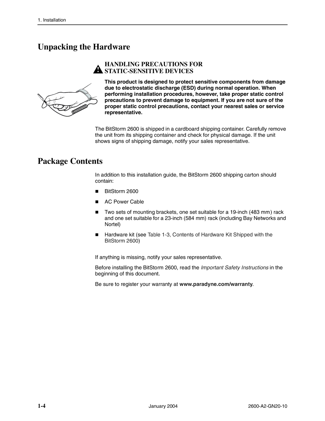 Paradyne 2600 IP DSLAM manual Unpacking the Hardware, Package Contents 