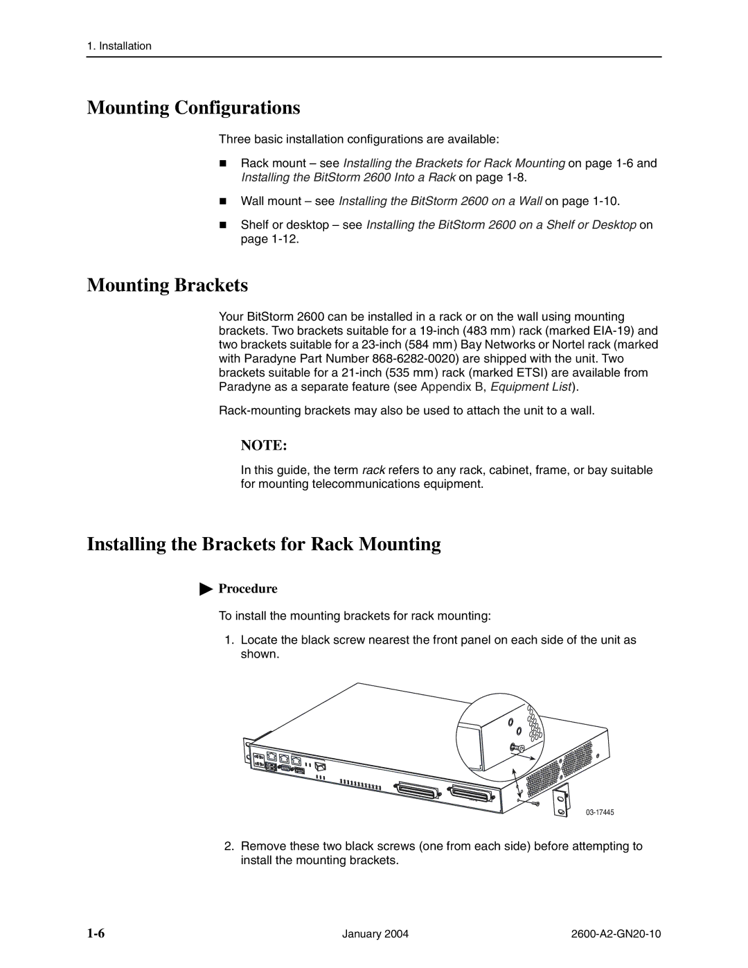 Paradyne 2600 IP DSLAM manual Mounting Configurations, Mounting Brackets, Installing the Brackets for Rack Mounting 