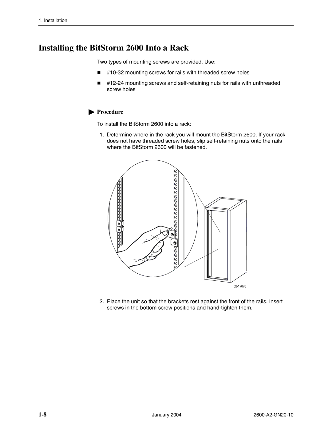 Paradyne 2600 IP DSLAM manual Installing the BitStorm 2600 Into a Rack 