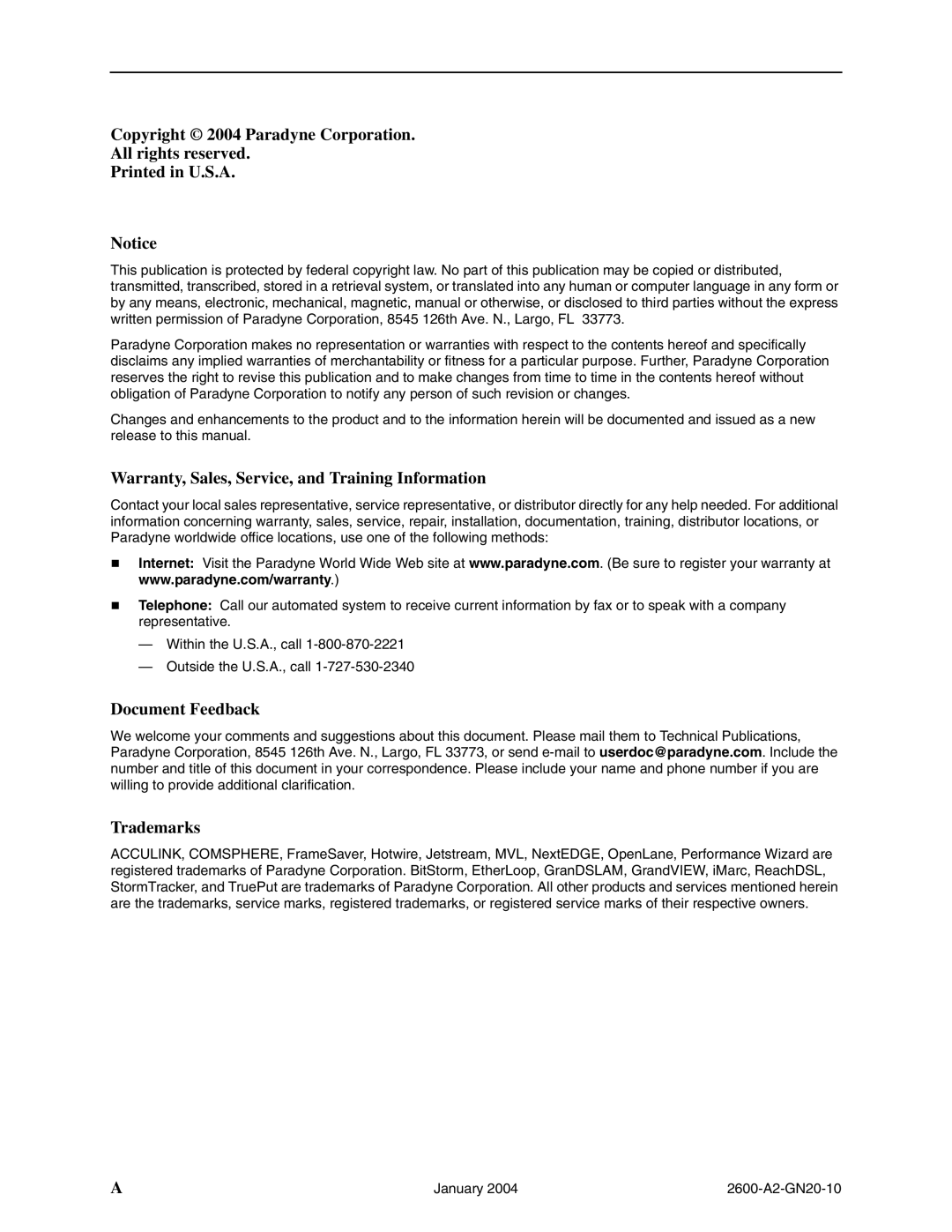 Paradyne 2600 IP DSLAM manual Copyright 2004 Paradyne Corporation All rights reserved 