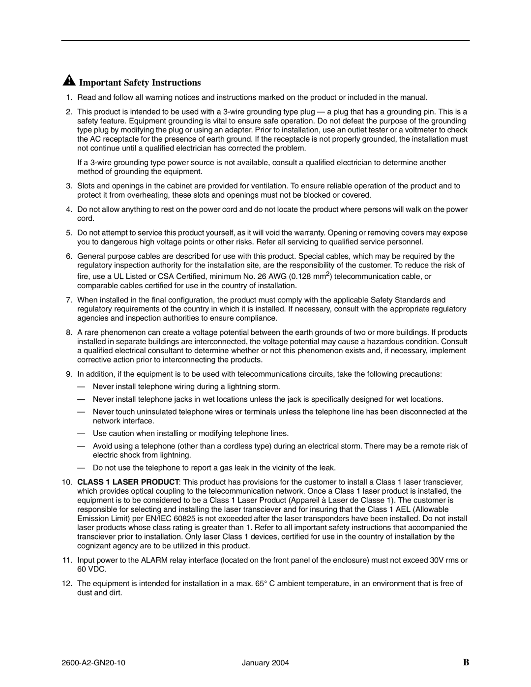 Paradyne 2600 IP DSLAM manual Important Safety Instructions 