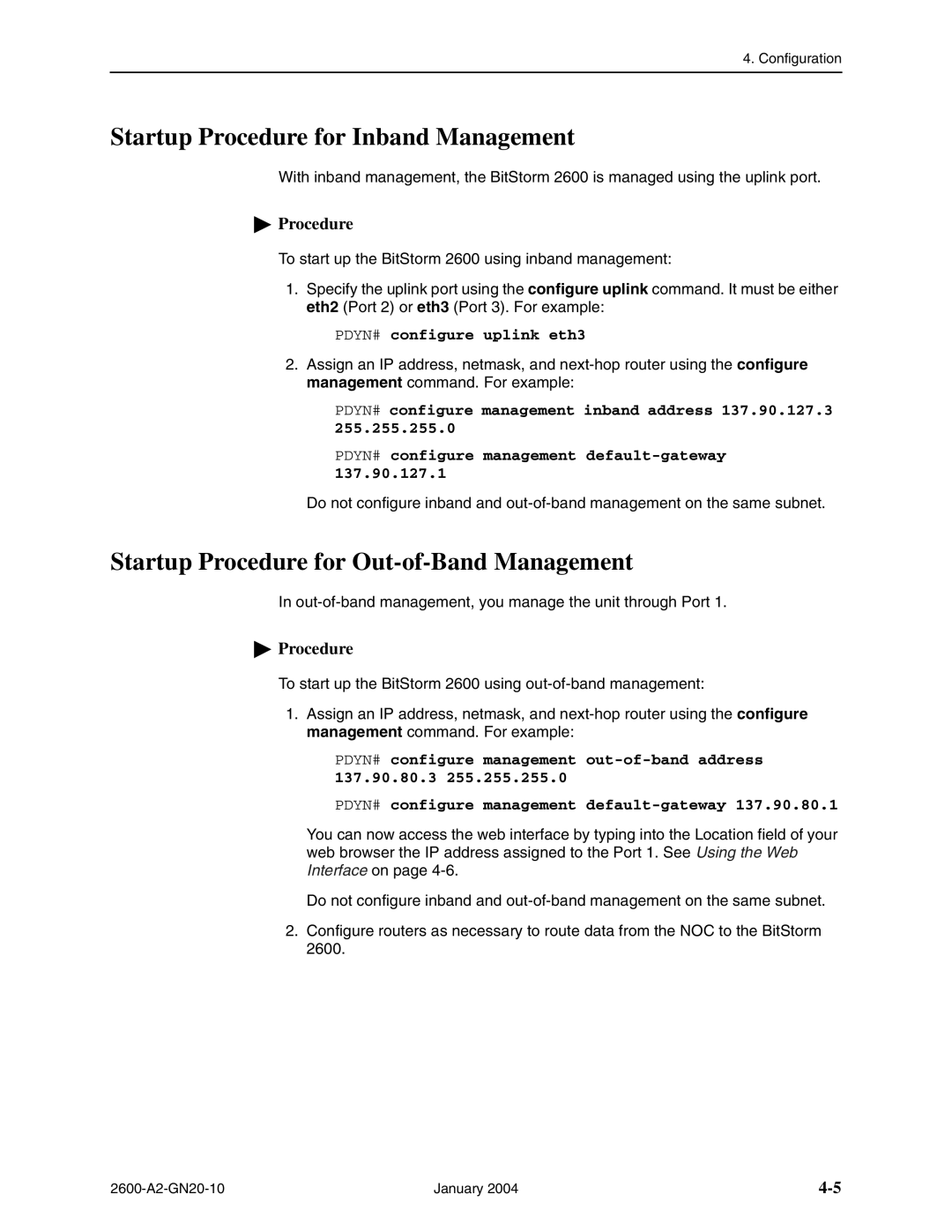 Paradyne 2600 IP DSLAM manual Startup Procedure for Inband Management, Startup Procedure for Out-of-Band Management 