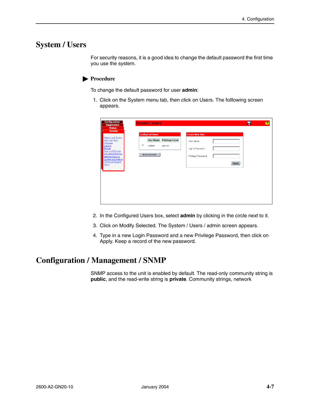 Paradyne 2600 IP DSLAM manual System / Users, Configuration / Management / Snmp 