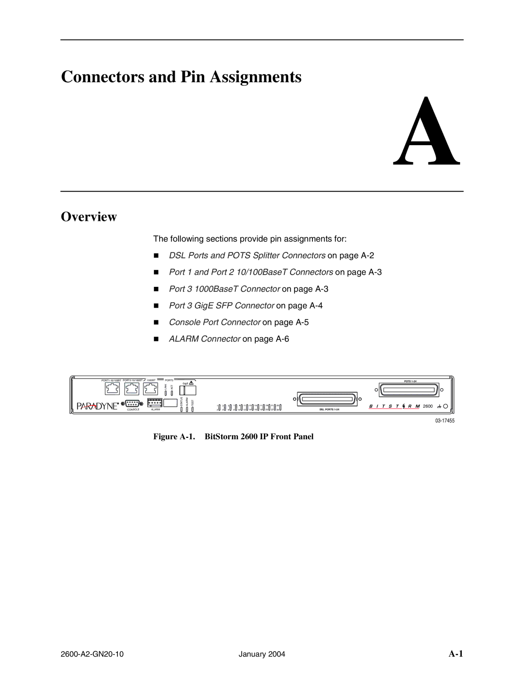 Paradyne 2600 IP DSLAM manual Connectors and Pin Assignments, Figure A-1. BitStorm 2600 IP Front Panel 