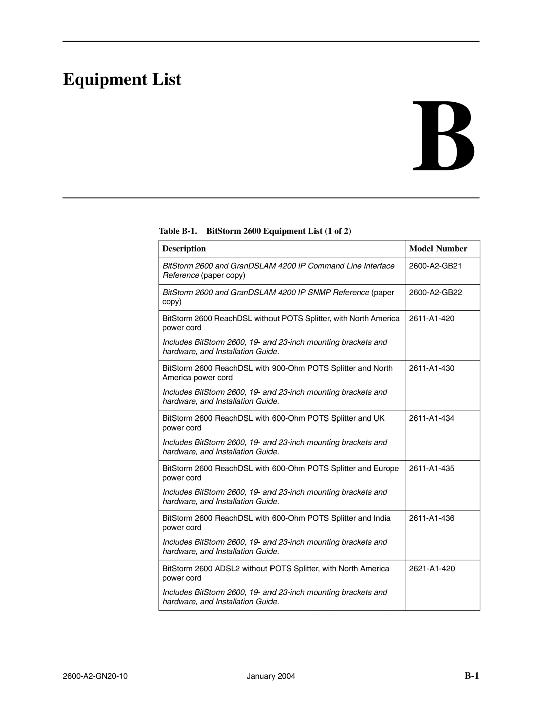 Paradyne 2600 IP DSLAM manual Equipment List, Description Model Number 