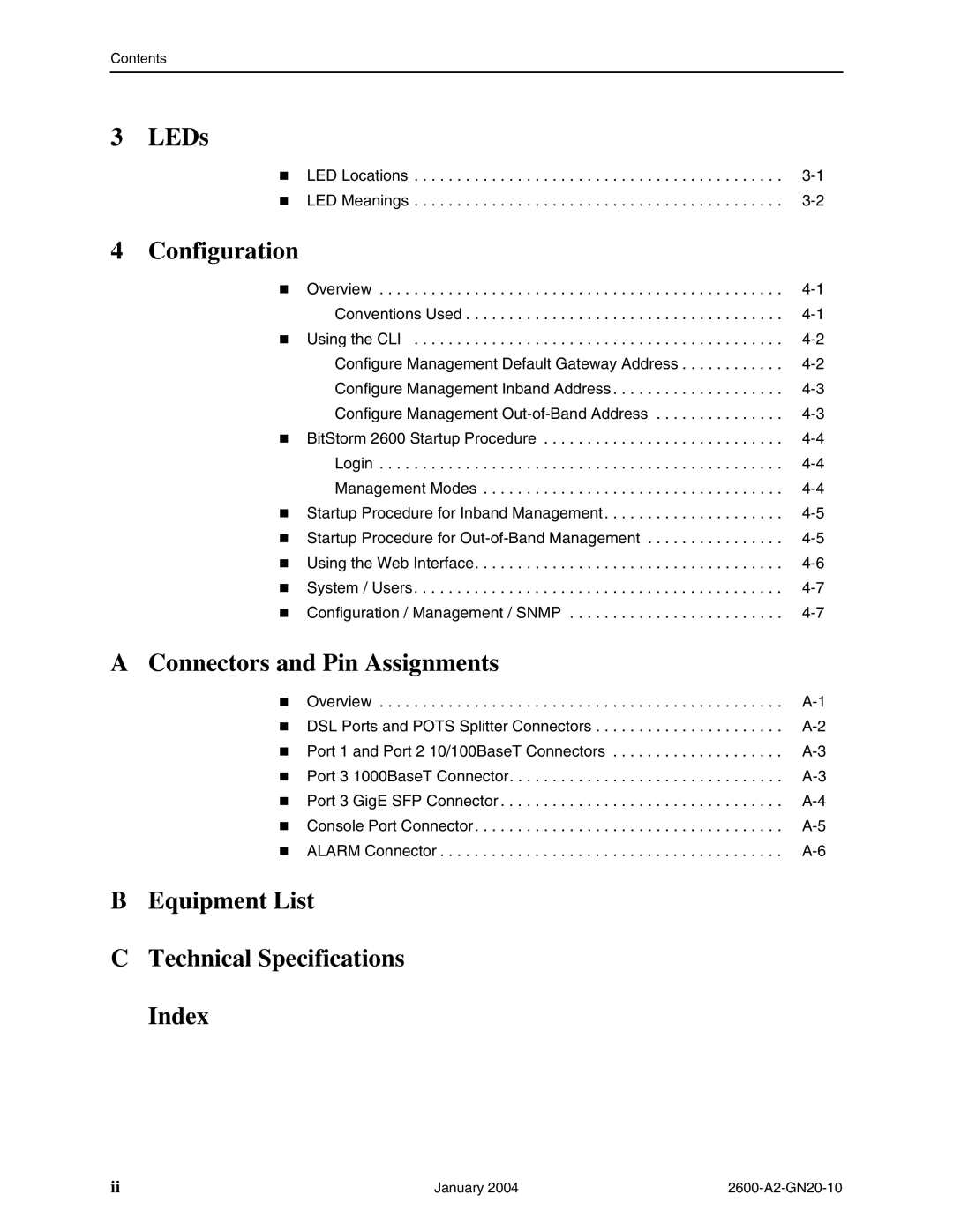 Paradyne 2600 IP DSLAM LEDs, Configuration, Connectors and Pin Assignments, Equipment List Technical Specifications Index 