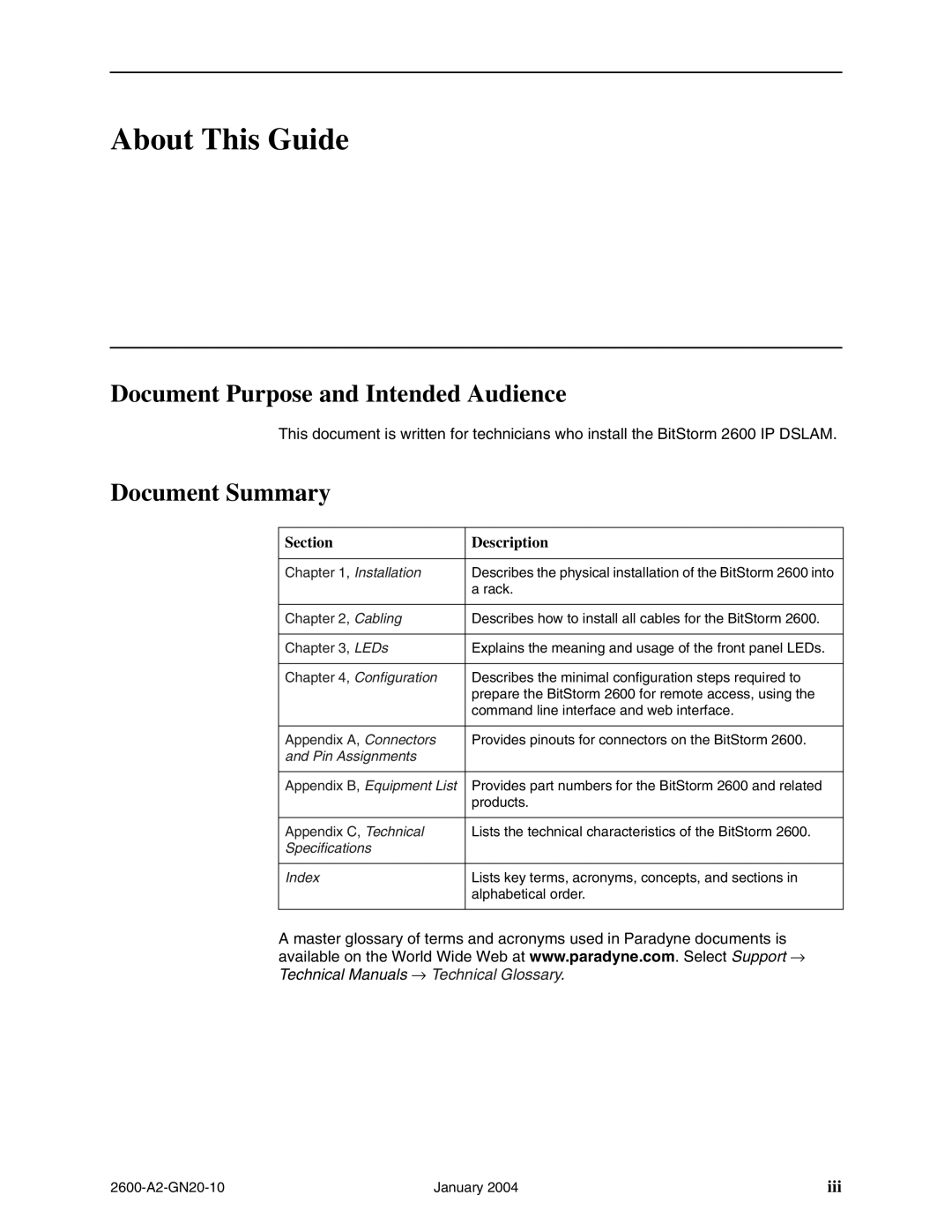 Paradyne 2600 IP DSLAM manual About This Guide, Document Purpose and Intended Audience, Document Summary 