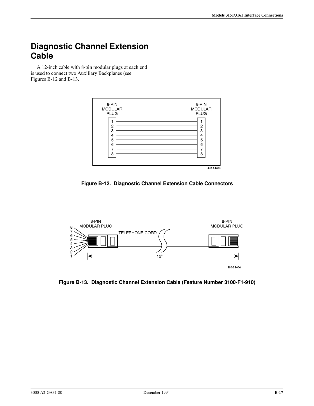 Paradyne 3000 manual Figure B-12. Diagnostic Channel Extension Cable Connectors 