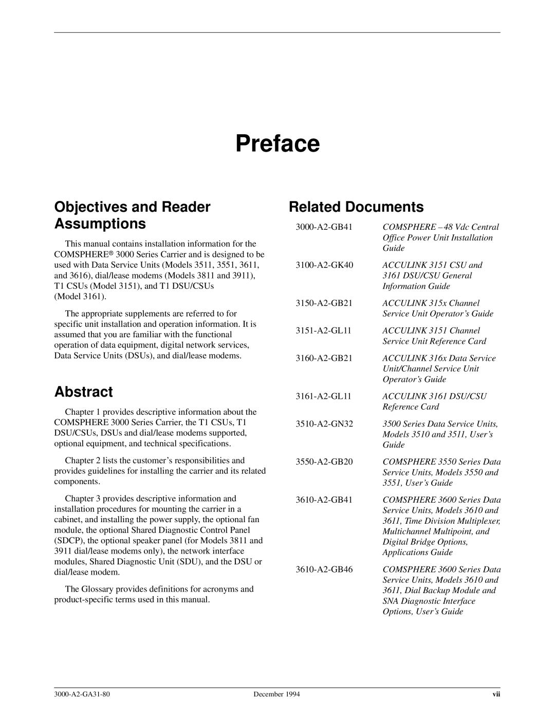 Paradyne 3000 manual Preface, Objectives and Reader Assumptions, Abstract, Related Documents 