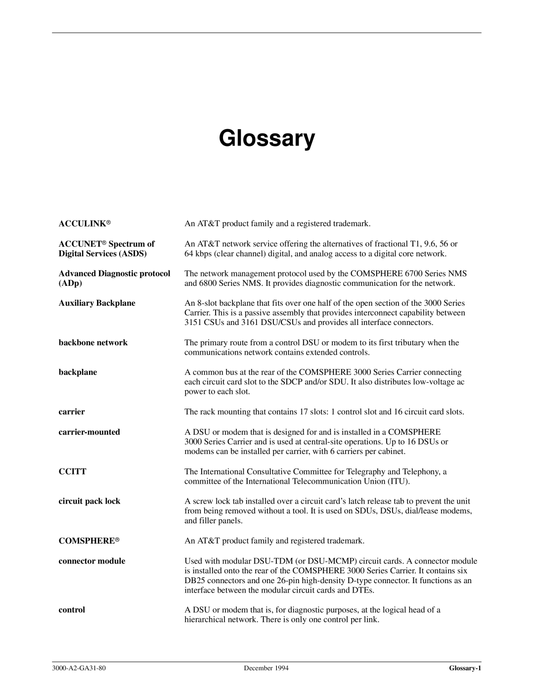 Paradyne 3000 manual Glossary, Auxiliary Backplane 