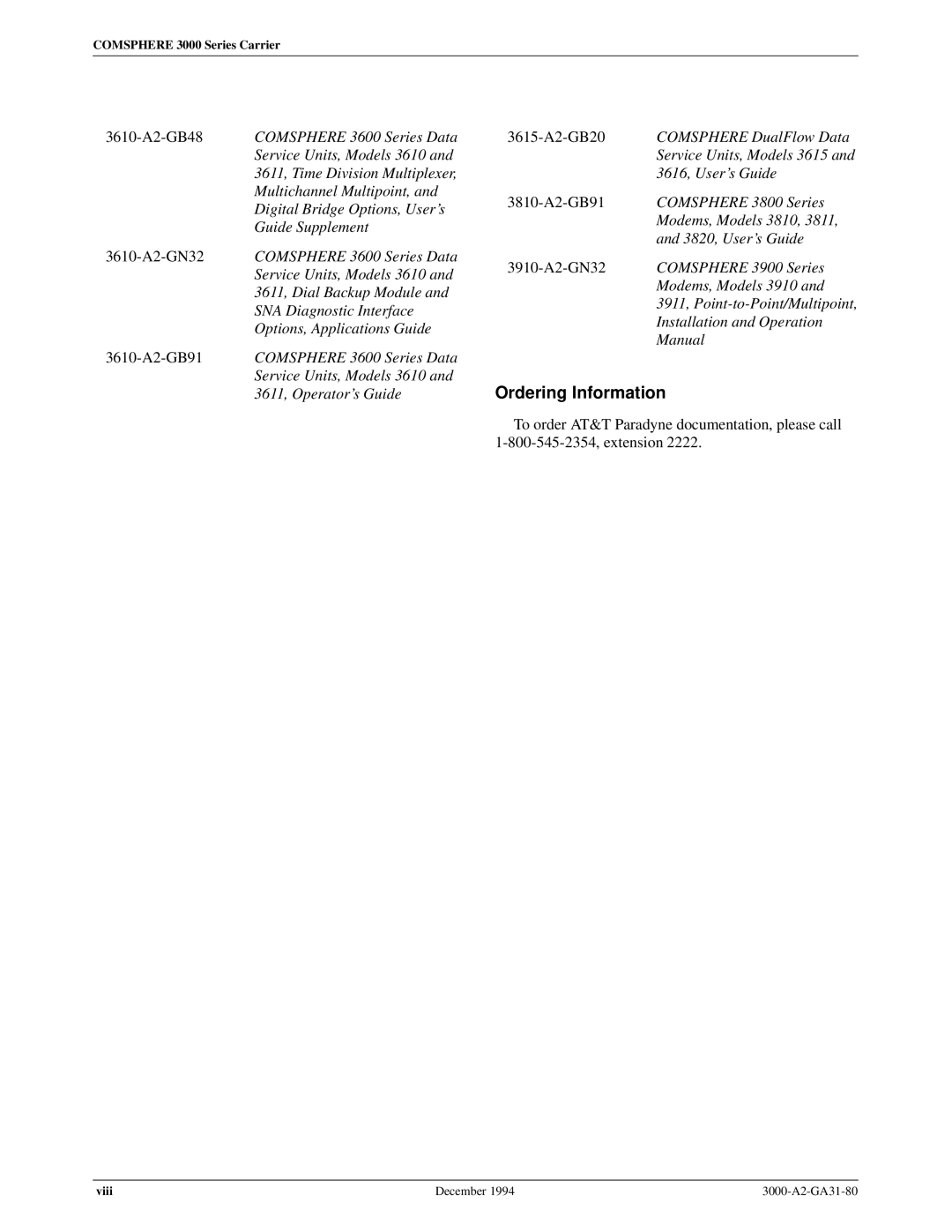 Paradyne 3000 manual Ordering Information 