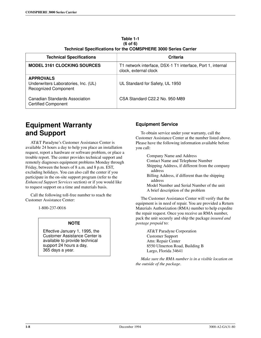 Paradyne 3000 manual Equipment Warranty and Support, Equipment Service 