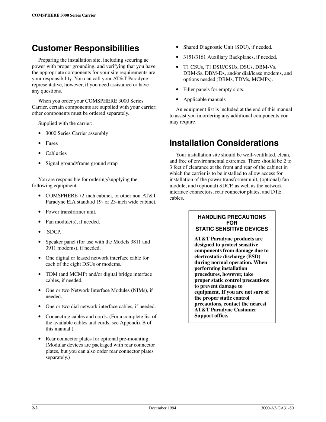 Paradyne 3000 manual Customer Responsibilities, Installation Considerations 