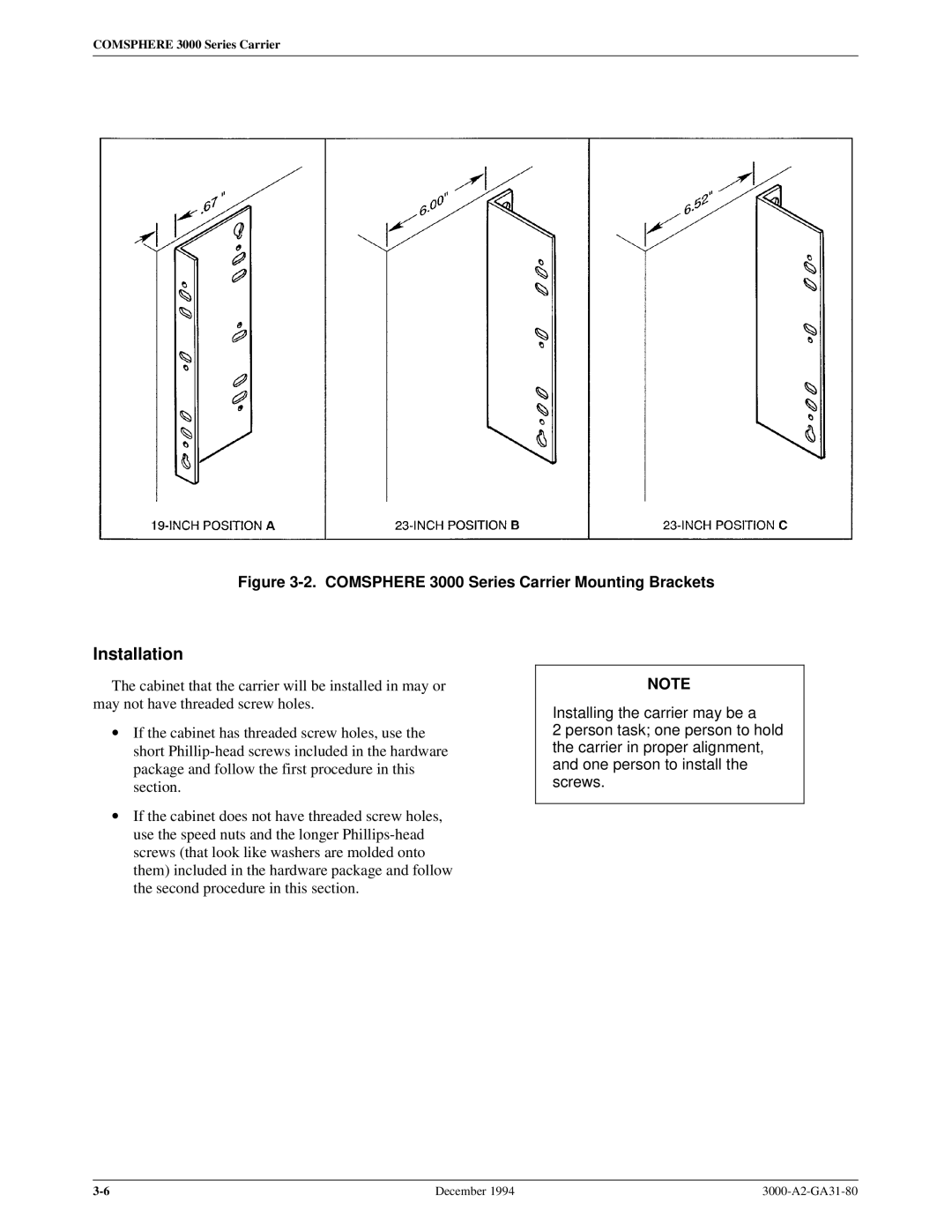 Paradyne manual Installation, Comsphere 3000 Series Carrier Mounting Brackets 