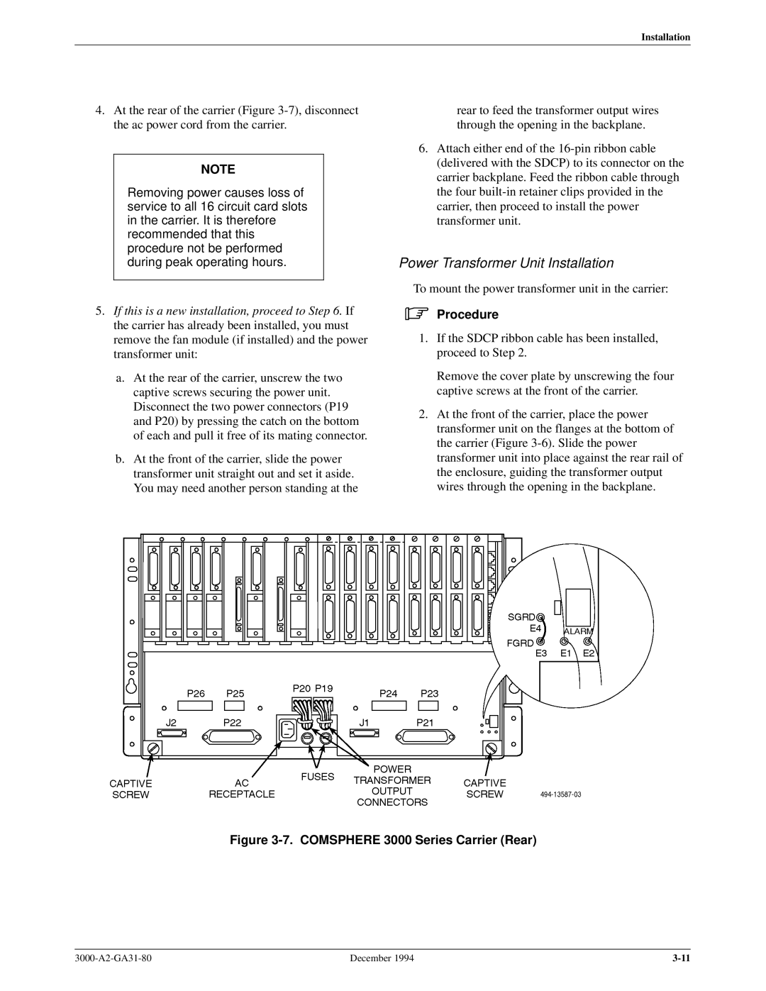 Paradyne 3000 manual Power Transformer Unit Installation 