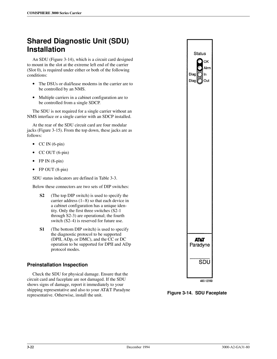 Paradyne 3000 manual Shared Diagnostic Unit SDU Installation, SDU Faceplate 