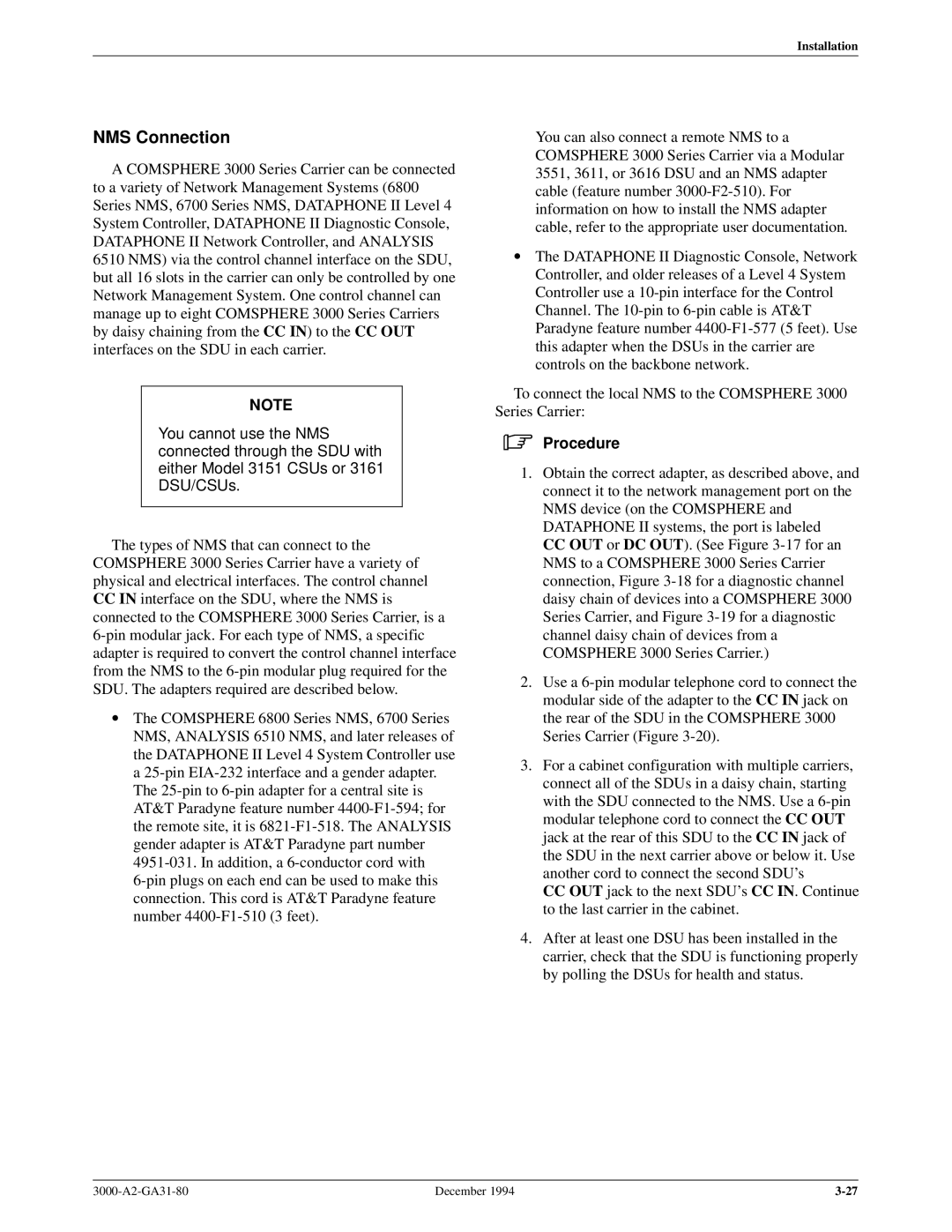 Paradyne 3000 manual NMS Connection, Procedure 