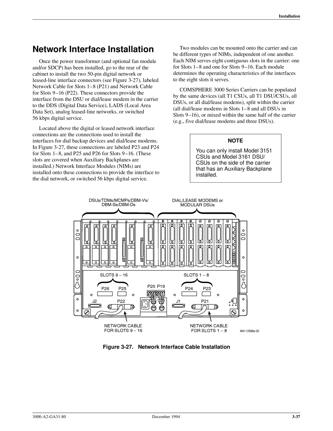 Paradyne 3000 manual Network Interface Installation, Network Interface Cable Installation 