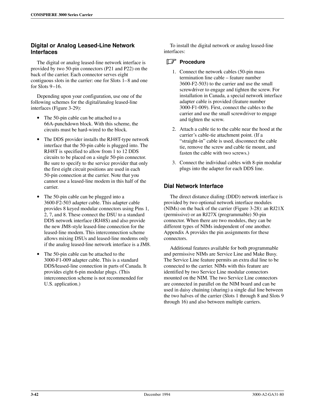 Paradyne 3000 manual Digital or Analog Leased-Line Network Interfaces, Dial Network Interface 