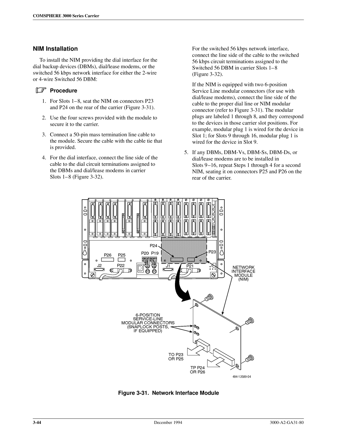 Paradyne 3000 manual NIM Installation, Network Interface Module 