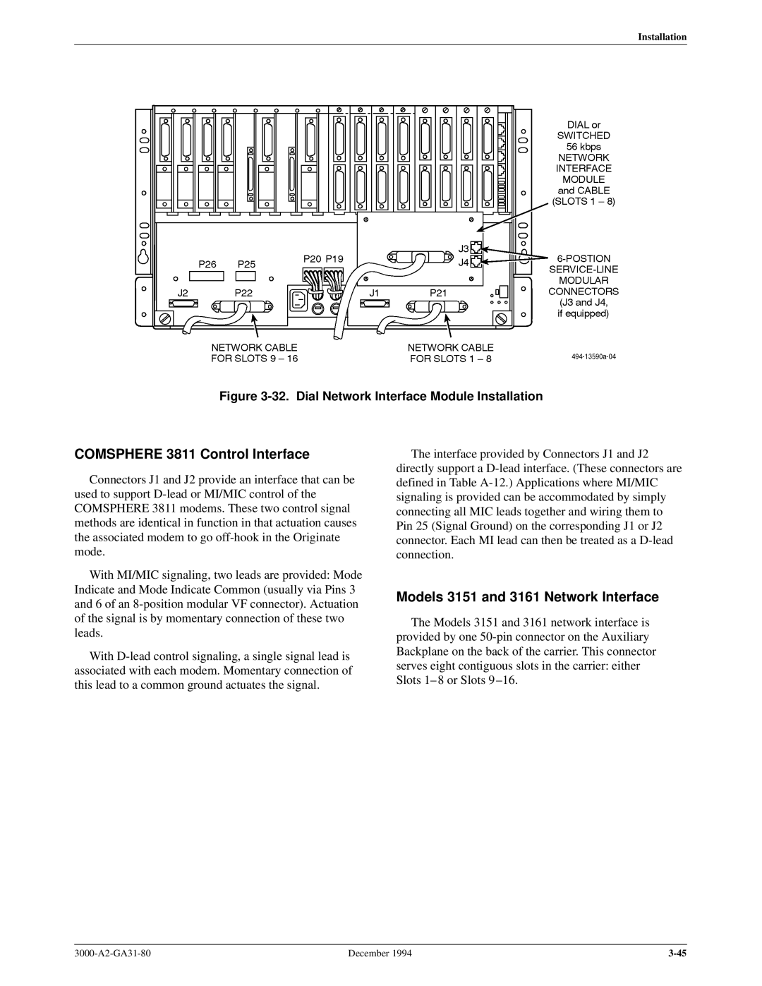 Paradyne 3000 manual Comsphere 3811 Control Interface, Models 3151 and 3161 Network Interface 