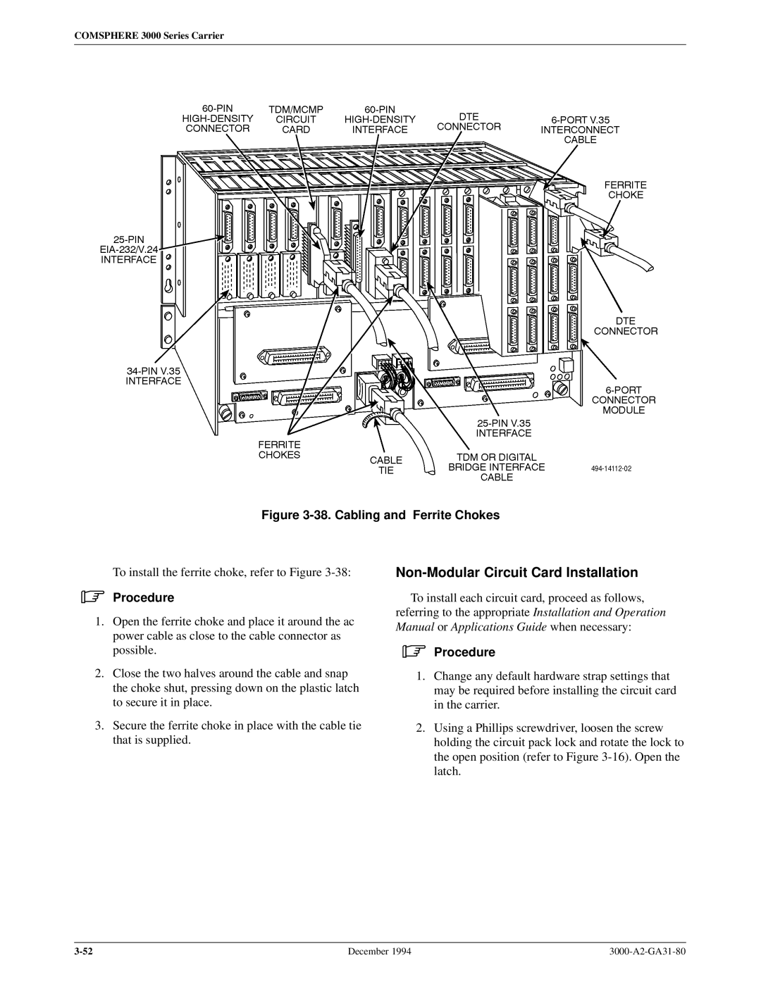 Paradyne 3000 manual Non-Modular Circuit Card Installation, Cabling and Ferrite Chokes 