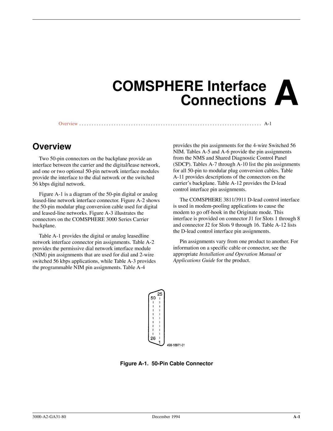 Paradyne 3000 manual Comsphere Interface a Connections, Figure A-1 -Pin Cable Connector 