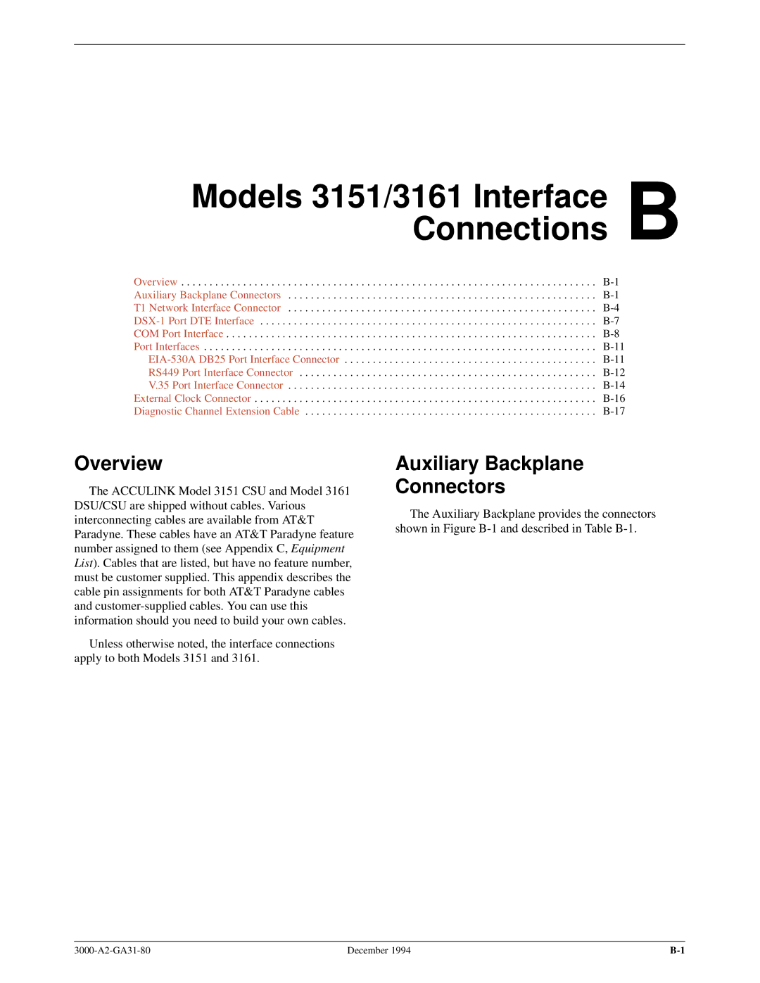 Paradyne 3000 manual Models 3151/3161 Interface B Connections, Auxiliary Backplane Connectors 