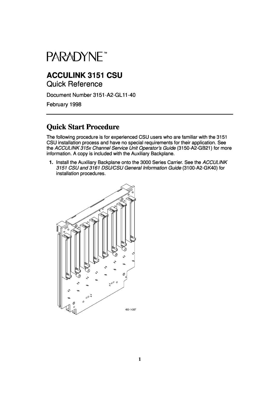 Paradyne manual Quick Start Procedure, ACCULINK 3151 CSU, Quick Reference, Document Number 3151-A2-GL11-40 February 