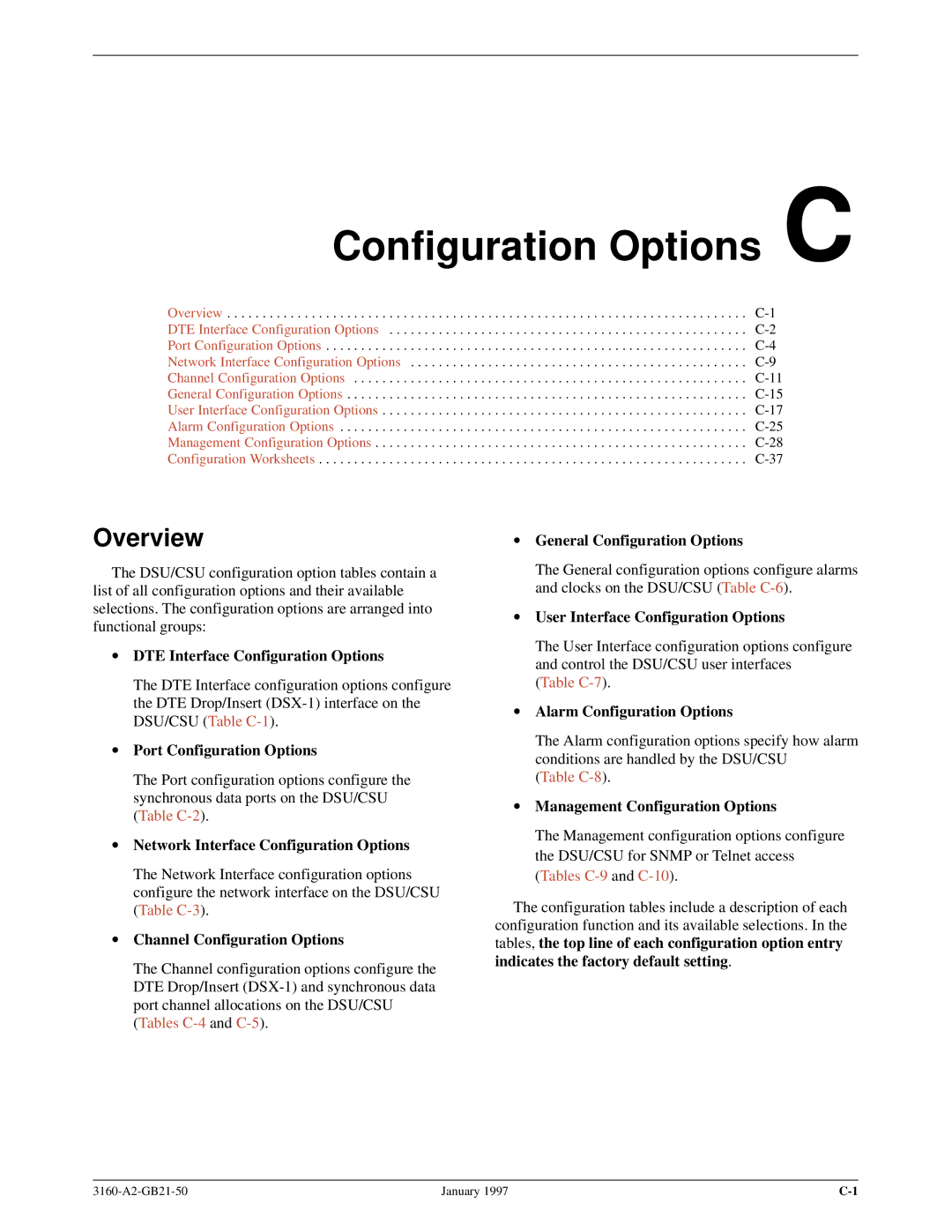 Paradyne 3160-A2-GB21-50 manual Configuration Options C, DTE Interface Configuration Options 