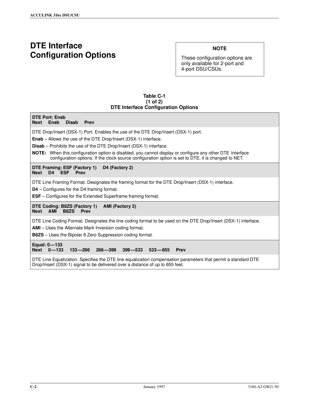 Paradyne 3160-A2-GB21-50 manual Table C-1 DTE Interface Configuration Options, DTE Port Enab Next Enab Disab Prev 